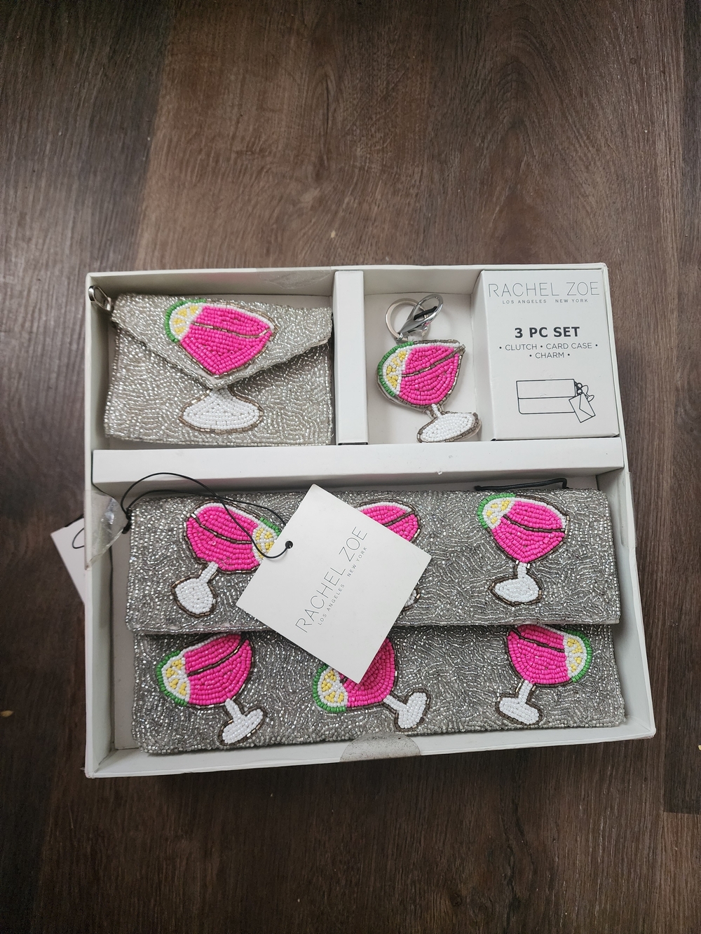 Rachel Zoe 3 Piece Silver Beaded Clutch Set with Pink & Green Cocktail Motif